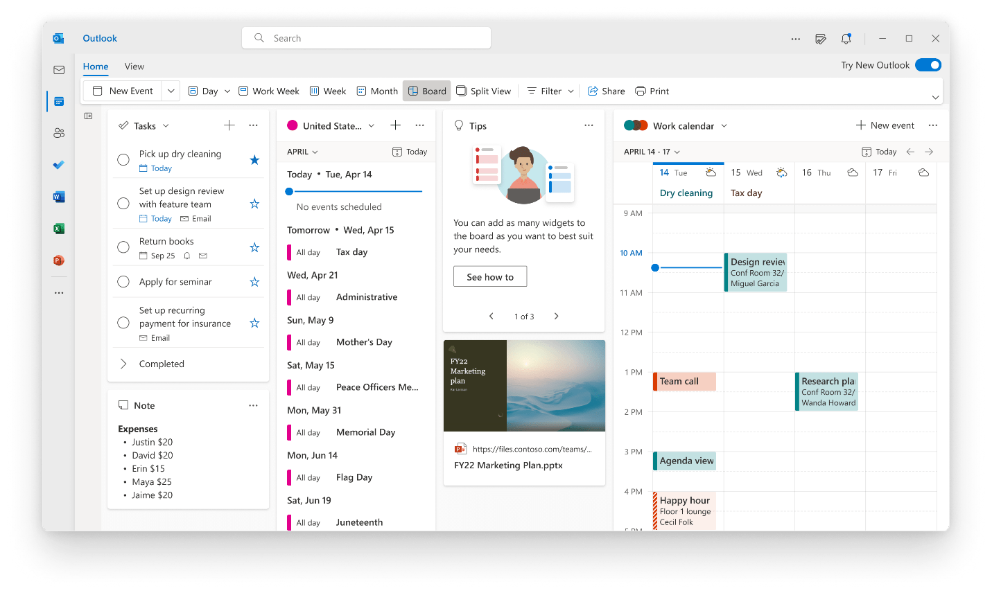 Outlook calendar board view